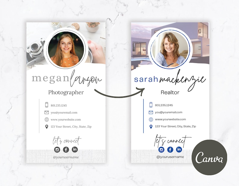 May include: Vertical business card design with a woman's headshot in a circle. The card displays the name "Megan Larson" and the title "Photographer." Contact details and social media icons are also present. The design is clean and contemporary.
