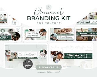 May include: A digital branding kit for YouTube, featuring a light green and white color scheme. The design includes templates for channel art, thumbnails, and social media graphics. Text includes "Channel Branding Kit for YouTube" and "Edit with Canva."