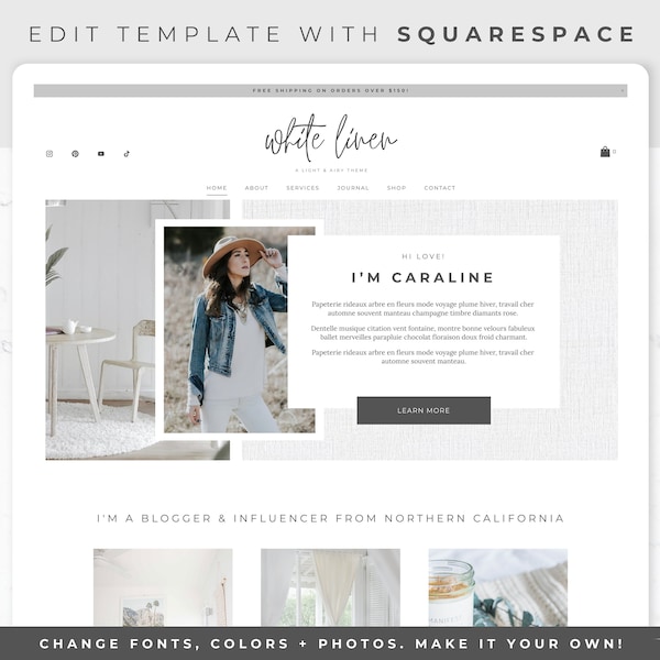 Modèle de site Web Squarespace - Modèle Squarespace, Squarespace 7.1, site pour coach, blog, boutique en ligne, site Web d'entreprise moderne, lin blanc