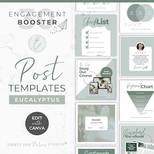 May include: A set of 10 social media post templates in a green and white color scheme with text that says "Engagement Booster" and "Post Templates Eucalyptus". The templates feature a variety of designs, including checklists, charts, and text boxes. The templates are designed to be edited in Canva.