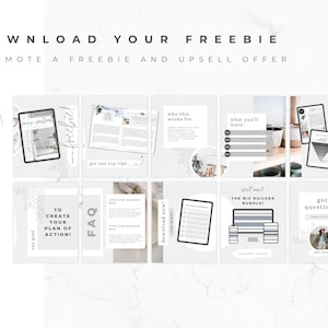 May include: A digital marketing graphic with the text "DOWNLOAD YOUR FREEBIE" and "PROMOTE A FREEBIE AND UPSELL OFFER." The image is a carousel of square graphics with text and illustrations, including a tablet, a checklist, and a computer.