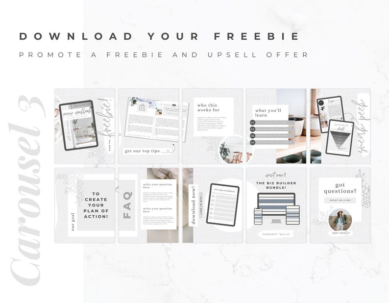 May include: A digital marketing graphic with the text "DOWNLOAD YOUR FREEBIE" and "PROMOTE A FREEBIE AND UPSELL OFFER." The image is a carousel of square graphics with text and illustrations, including a tablet, a checklist, and a computer.