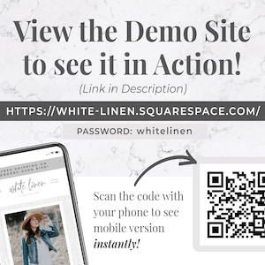 May include: Image with text: "View the Demo Site to see it in Action!" and a website address. A smartphone displays a website with a woman wearing a hat. A QR code is present, with the text "Scan the code with your phone to see mobile version instantly!"