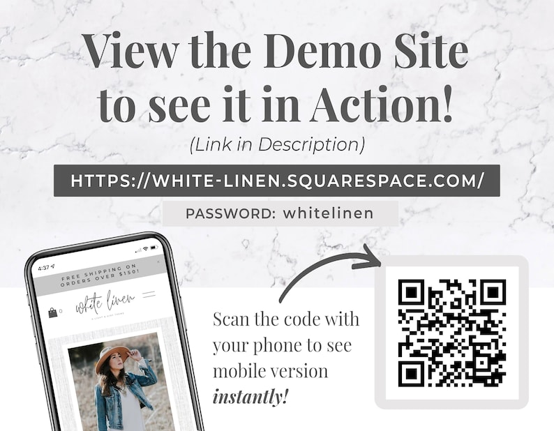 May include: Image with text: "View the Demo Site to see it in Action!" and a website address. A smartphone displays a website with a woman wearing a hat. A QR code is present, with the text "Scan the code with your phone to see mobile version instantly!"