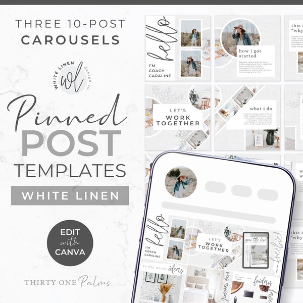 Pinned Post Carousel Post Template Set Instagram - Canva Templates for Coaches, Creators, Social Media,  Instagram Templates, White Linen