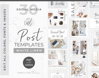 30 Post Templates for Instagram - Canva Templates, Instagram Posts, Retail or Blog, Social Media Templates, White Linen, Coaching, eCommerce