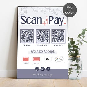 Bewerkbare scan-to-Pay-kaart - Canva-sjabloon, sjabloon QR-codebord CashApp PayPal Venmo Sign Small Business, geelbruin afdrukbaar, wilde pioen