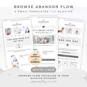 May include: Three email templates for Klaviyo with the text "Browse Abandon Flow". The templates are white with images and text, including "Hey we noticed you had your eye on this!" and "Take 10% off". The design includes the text "Edit Graphics with Canva".