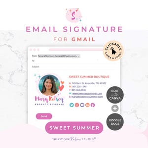Mall för e-postsignatur för Canva - Google Dokument, klickbara länkar, Canva-mall, e-postmall, signatur Gmail Outlook, söt sommar