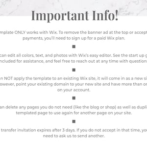 K&ouml;nnte beinhalten: Wei&szlig;er Hintergrund mit dem Text "Important Info!" und Aufz&auml;hlungspunkten, die die Verwendung der Vorlage mit Wix detailliert beschreiben. Enth&auml;lt Informationen zur Bearbeitung, Website-Anwendung und Ablauf der Transfer-Einladung.