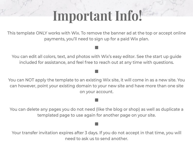 K&ouml;nnte beinhalten: Wei&szlig;er Hintergrund mit dem Text "Important Info!" und Aufz&auml;hlungspunkten, die die Verwendung der Vorlage mit Wix detailliert beschreiben. Enth&auml;lt Informationen zur Bearbeitung, Website-Anwendung und Ablauf der Transfer-Einladung.