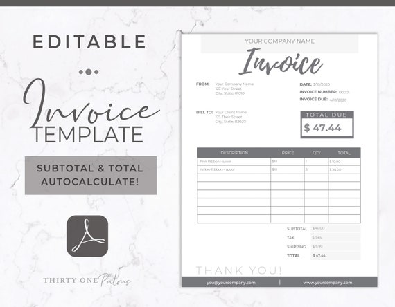 invoice template editable pdf invoice printable invoice etsy