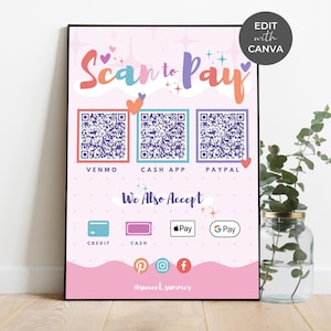 Bearbeitbare Scan-to-Pay-Karte - Canva-Vorlage, QR-Code-Zeichenvorlage CashApp PayPal-Venmo-Zeichen für kleine Unternehmen, bunt druckbar, süßer Sommer