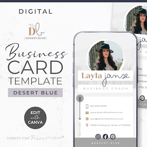 Sjabloon digitaal visitekaartje - Sjabloon digitaal visitekaartje onroerend goed, fotograaf, coach Canva-sjabloon voor visitekaartjes, boho, woestijnblauw