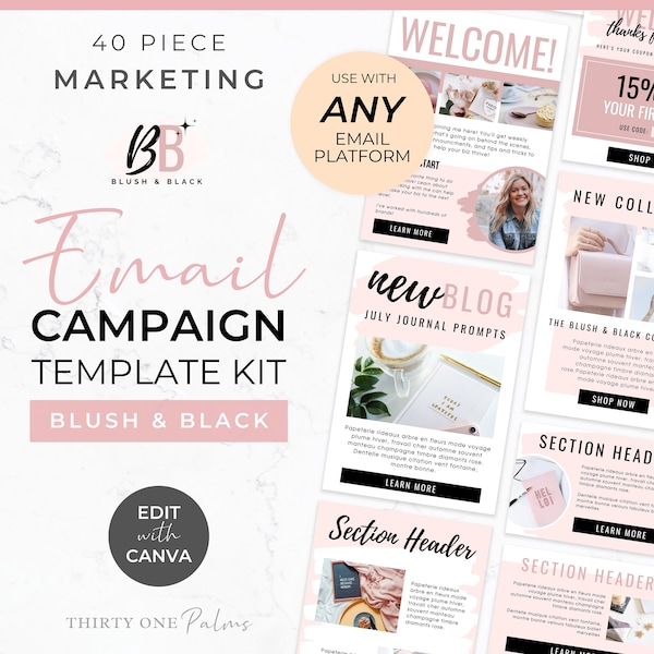 Email Template Bundle for Canva - Template Email, Mailchimp, FloDesk, MailerLite, Email Design, Newsletter, Email Marketing, Blush & Black