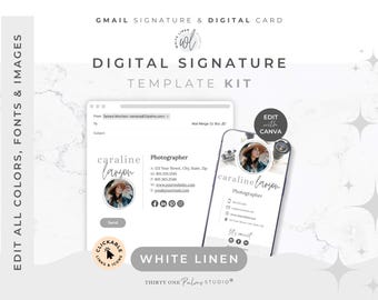 Gmail Email Signature & Digital Business Card Template for Canva - Google Docs Template, Canva Signature, Digital Biz Card, White Linen