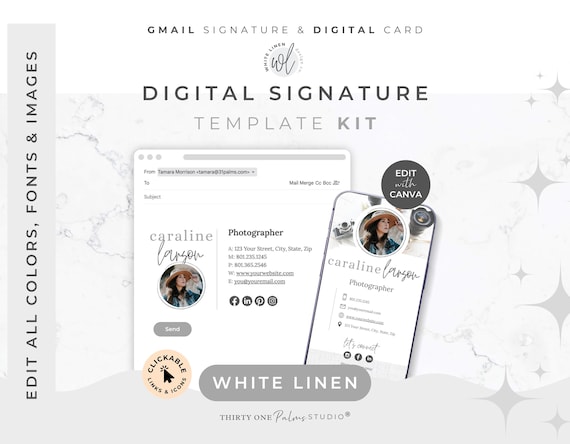 Gmail Email Signature & Digital Business Card Template for Canva - Google Docs Template, Canva Signature, Digital Biz Card, White Linen