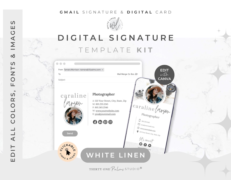 May include: A digital signature template kit with the text "GMAIL SIGNATURE & DIGITAL CARD" and "DIGITAL SIGNATURE TEMPLATE KIT". The design includes a Gmail signature and a smartphone display, both showcasing a photographer's contact information. The design is in black and white.