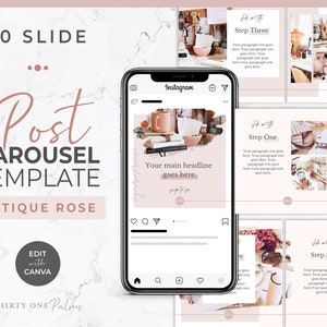 Carousel Post Template for Instagram Canva Template, Social Media Template for Canva, Slideshow, Slider, Swipe, Step by Step, Rose, Pink image 1