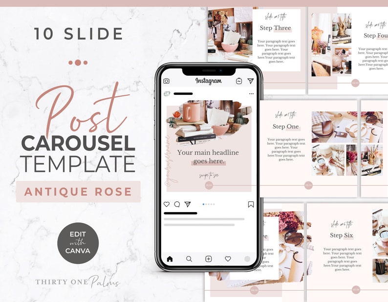 Carousel Post Template for Instagram Canva Template, Social Media Template for Canva, Slideshow, Slider, Swipe, Step by Step, Rose, Pink image 1