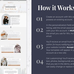May include: A website design service advertisement with the text "Work With Me" and "How it Works." The steps include creating a Wix account, adding an email, accepting a website transfer, and customizing the site.