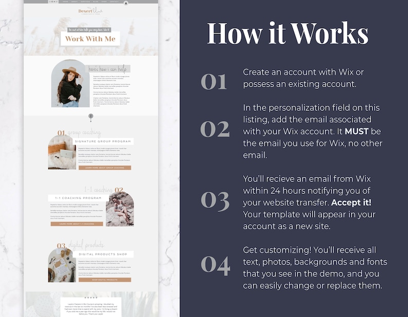 May include: A website design service advertisement with the text "Work With Me" and "How it Works." The steps include creating a Wix account, adding an email, accepting a website transfer, and customizing the site.