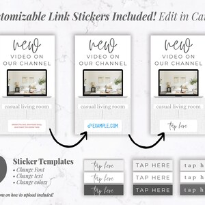 May include: A digital graphic featuring three mock-up social media story templates with the text "New Video on Our Channel." Each template includes a laptop image and the words "casual living room." The image also shows nine sticker templates.