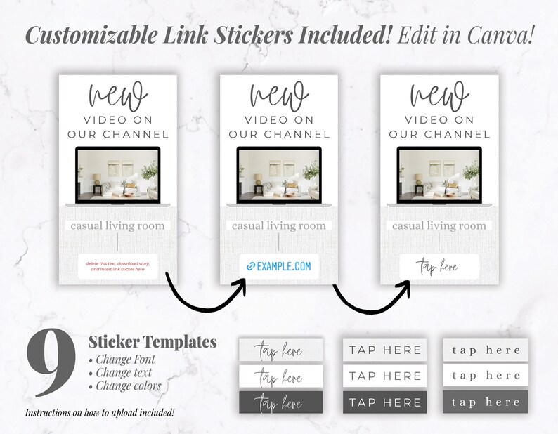 May include: A digital graphic featuring three mock-up social media story templates with the text "New Video on Our Channel." Each template includes a laptop image and the words "casual living room." The image also shows nine sticker templates.