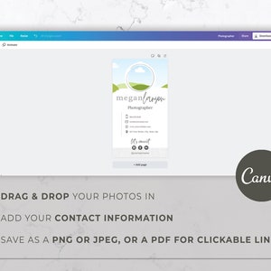 May include: A digital business card template featuring the name "meganfarson" and the profession "Photographer". The card displays contact details and social media icons. The Canva logo is visible. Instructions include "Drag & Drop Your Photos In".