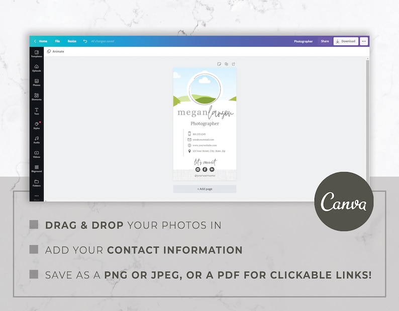 May include: A digital business card template featuring the name "meganfarson" and the profession "Photographer". The card displays contact details and social media icons. The Canva logo is visible. Instructions include "Drag & Drop Your Photos In".