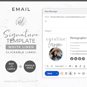 Email Signature Template for Canva - Google Docs, Clickable Links, Canva Template, Email Template, Signature Gmail Outlook, White Linen
