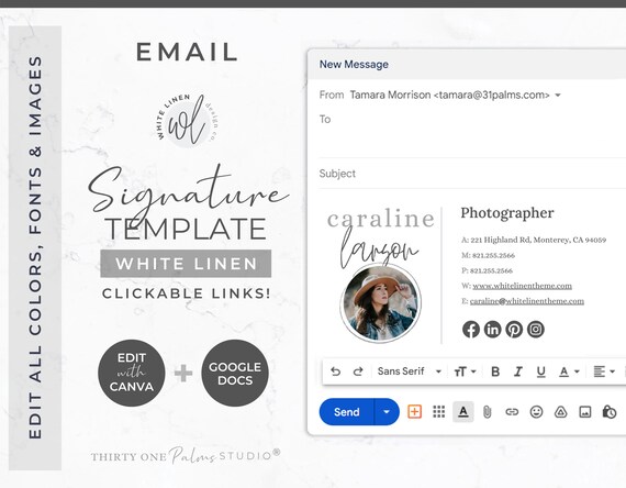 Email Signature Template for Canva - Google Docs, Clickable Links, Canva Template, Email Template, Signature Gmail Outlook, White Linen