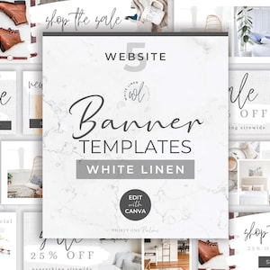 Pode incluir: Um conjunto de 5 modelos de banner de site para uma empresa chamada White Linen. Os banners apresentam um fundo de mármore branco com texto cinza e um logotipo. O texto nos banners inclui "Shop the Sale", "25% Off Sitewide", "August Special" e "New Arrivals".