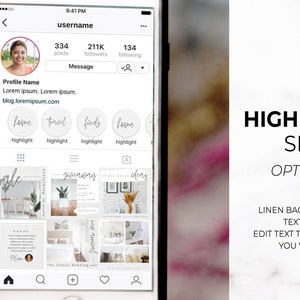 May include: A smartphone screen displaying an Instagram profile with a profile picture, username, and post highlights. The highlights are labeled "love", "travel", "finds", and "home". The right side of the screen shows the text "HIGHLIGHT SET OPTION 1".