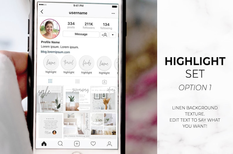 May include: A smartphone screen displaying an Instagram profile with a profile picture, username, and post highlights. The highlights are labeled "love", "travel", "finds", and "home". The right side of the screen shows the text "HIGHLIGHT SET OPTION 1".