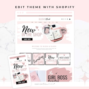 Peut inclure: Une maquette de site web rose et blanche avec le texte "New in the Shop" et "20% Off". Un smartphone affiche un design similaire. Le texte "Edit Theme with Shopify" est en haut.