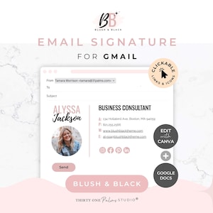 Könnte beinhalten: Eine digitale E-Mail-Signaturvorlage für Gmail in einem Blush- und Schwarz-Farbschema. Das Design enthält einen runden Platzhalter für ein Profilfoto, Kontaktdaten für einen Unternehmensberater, Social-Media-Symbole und bearbeitbare Textfelder.