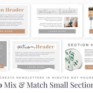 May include: A promotional image showcasing newsletter templates. The design features multiple sections with text and images, including the words "Section Header" and "Learn More." The bottom of the image reads "Create Newsletters in Minutes Not Hours" and "10 Mix & Match Small Sections."