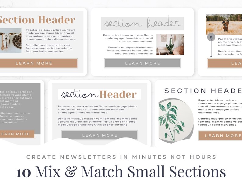 May include: A promotional image showcasing newsletter templates. The design features multiple sections with text and images, including the words "Section Header" and "Learn More." The bottom of the image reads "Create Newsletters in Minutes Not Hours" and "10 Mix & Match Small Sections."