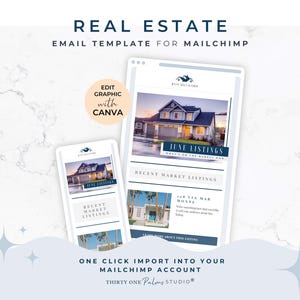 May include: A digital marketing template for real estate, showcasing a house image on a smartphone and tablet. The design includes the text "Real Estate Email Template for Mailchimp" and "June Listings". The template is editable with Canva.