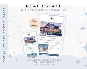 May include: A digital marketing template for real estate, showcasing a house image on a smartphone and tablet. The design includes the text "Real Estate Email Template for Mailchimp" and "June Listings". The template is editable with Canva.