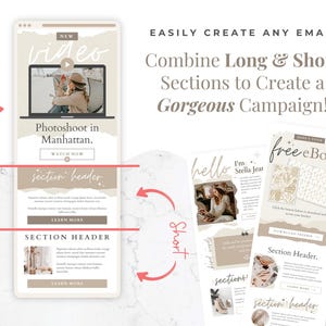 May include: A digital marketing template display featuring email layouts with beige and white color schemes. Text includes Easily Create Any Email, Combine Long & Short Sections to Create a Gorgeous Campaign, Photoshoot in Manhattan, and free eBook.