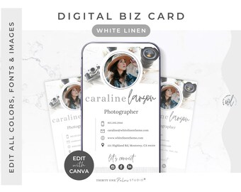 Digital Business Card Template - Digital Business Card Real Estate, Photographer, Virtual Canva Business Card Template, Coach, White Linen
