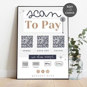 Bearbeitbare Scan-to-Pay-Karte – Canva-Vorlage, QR-Code-Zeichenvorlage, CashApp PayPal Venmo Sign Small Business, druckbar, Wüstenblau