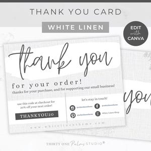 Bearbeitbare Dankeskartenvorlage - Canva-Vorlage Danke, Danke für Ihre Bestellung, Paketbeilegerkarte, Businessverpackung, weißes Leinen