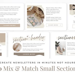 May include: A digital template collection featuring ten mix and match newsletter sections with various layouts, including images of a person in a hat, floral patterns, and boots, with the text "CREATE NEWSLETTERS IN MINUTES NOT HOURS".