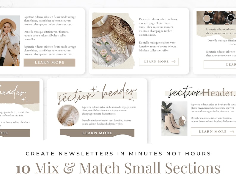 May include: A digital template collection featuring ten mix and match newsletter sections with various layouts, including images of a person in a hat, floral patterns, and boots, with the text "CREATE NEWSLETTERS IN MINUTES NOT HOURS".