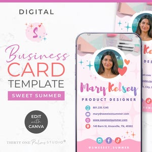Sjabloon digitaal visitekaartje - digitaal visitekaartje canvas, kleurrijke leuke kaart, huisstijlsjabloon voor kleine bedrijven, roze, zoete zomer