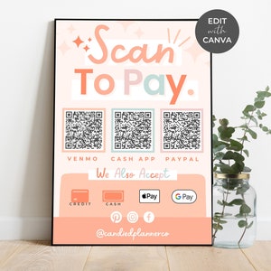 Bearbeitbare Scan-to-Pay-Karte - Canva-Vorlage, QR-Code-Zeichenvorlage, CashApp PayPal-Venmo-Zeichen für kleine Unternehmen, druckbar, bunt, kandiert