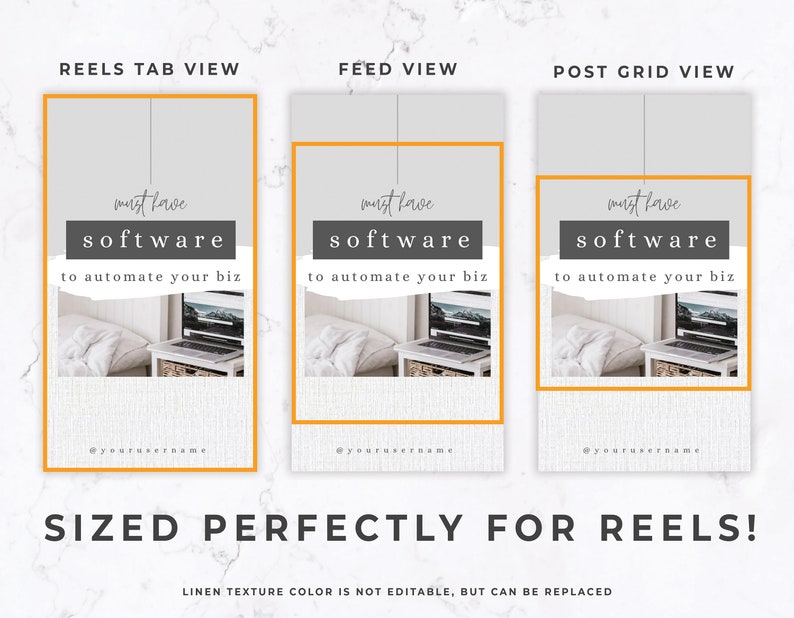 May include: A digital marketing template with three views: Reels Tab, Feed, and Post Grid. Each view features the text "must have software to automate your biz" over a photo of a laptop. The bottom text reads "SIZED PERFECTLY FOR REELS!"